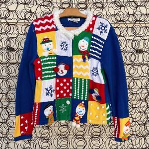 90s Jack B Quick Christmas primary color checkerboard snowman cardigan sweater